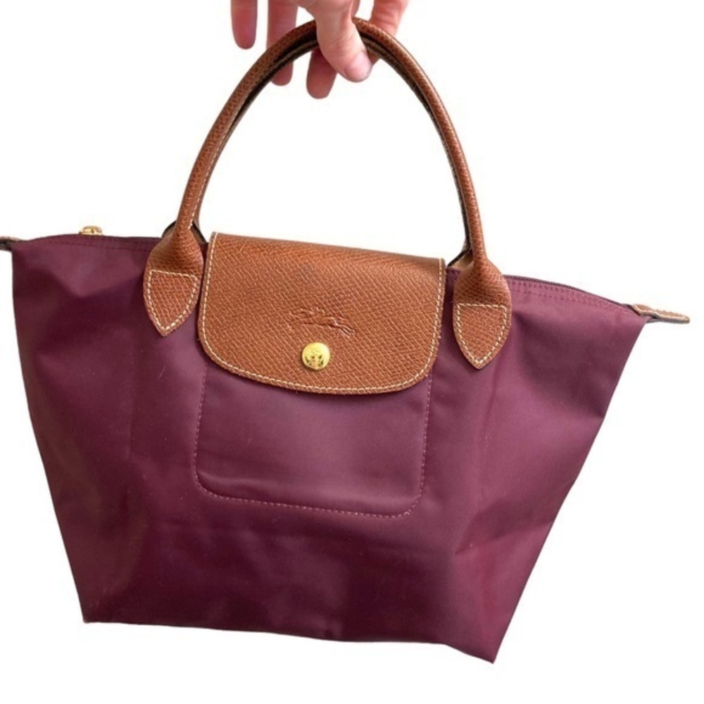 Longchamp le pliage burgandy brown combo nylon leather foldable bag
